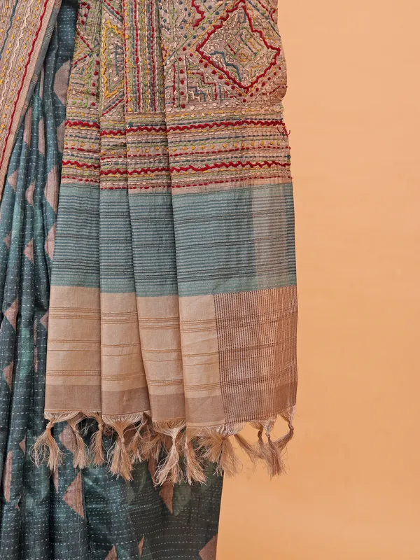 Blue cotton saree for festive with printed