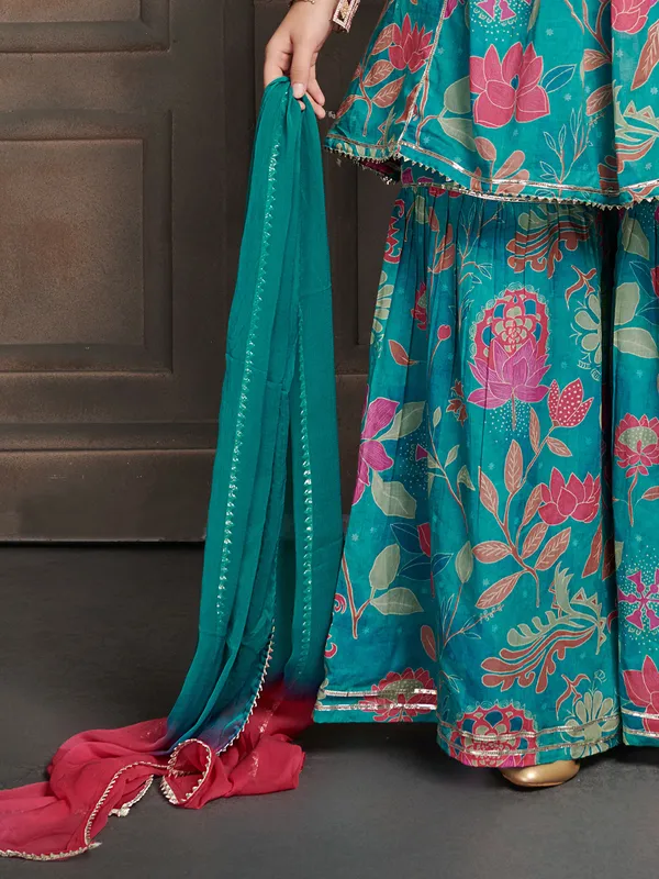 Blue cotton sharara suit with dupatta