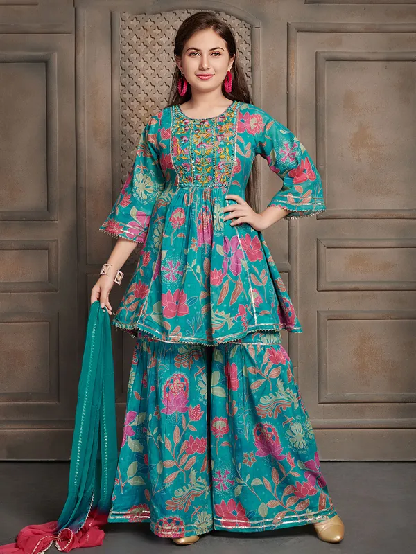 Blue cotton sharara suit with dupatta