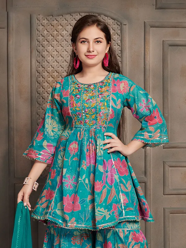 Blue cotton sharara suit with dupatta