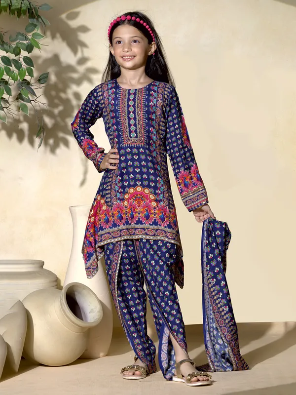 Blue cotton silk dhoti suit for girls