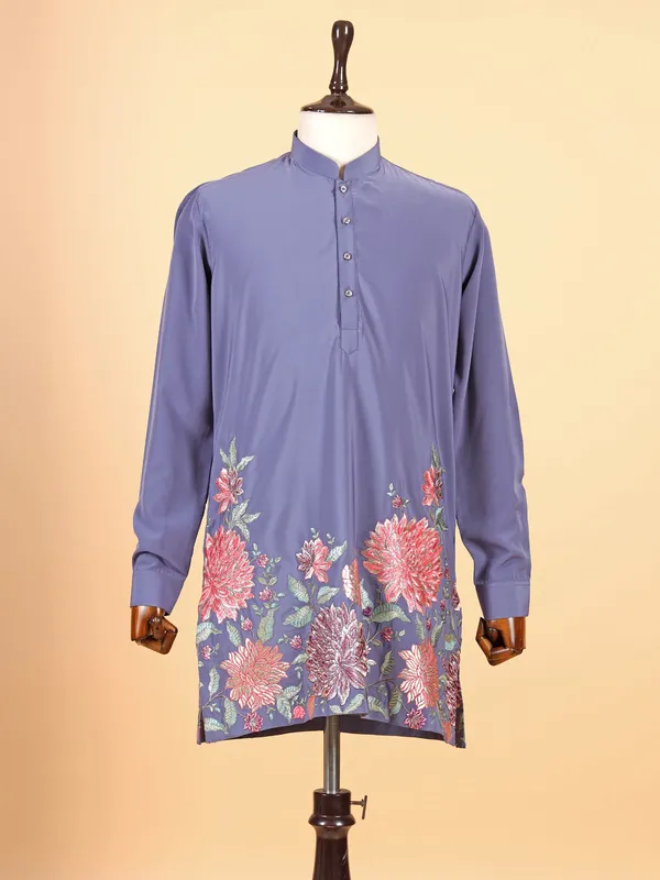 Blue cotton silk kurta in resham for men