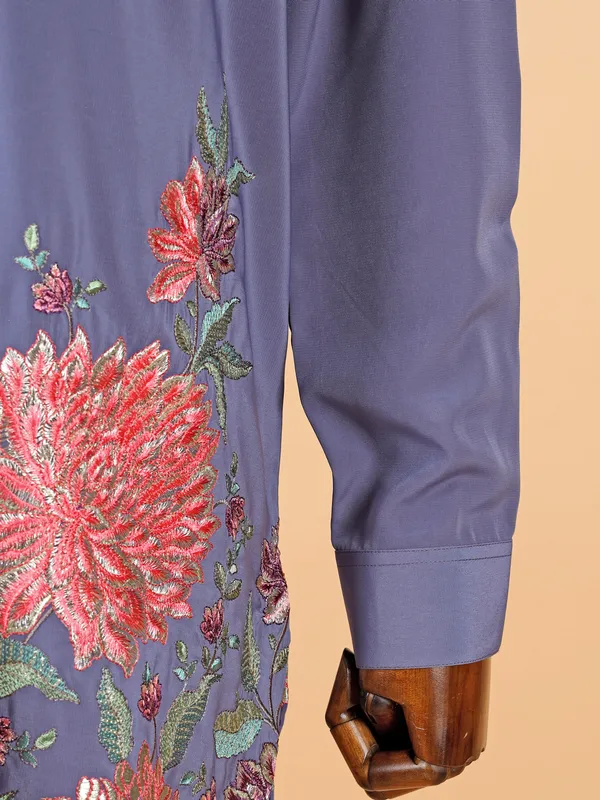 Blue cotton silk kurta in resham for men