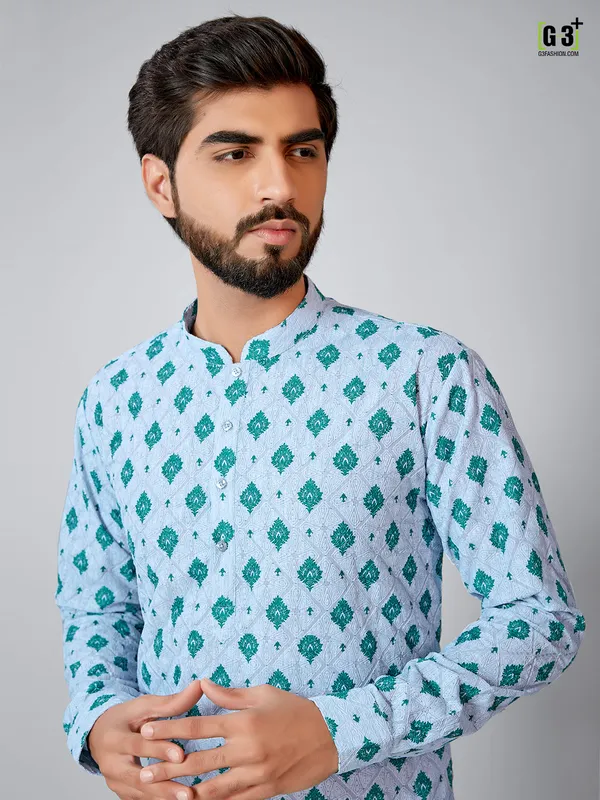 Blue cotton silk kurta set for festive seasons