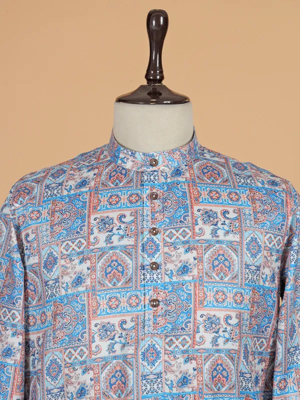 Blue cotton silk kurta set with print