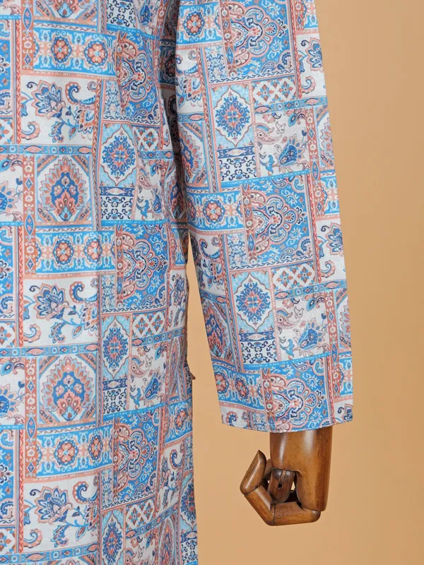 Blue cotton silk kurta set with print