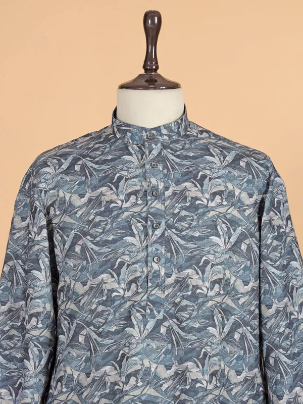 Blue cotton silk kurta suit with print for men