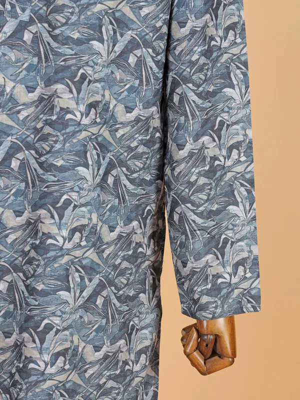 Blue cotton silk kurta suit with print for men