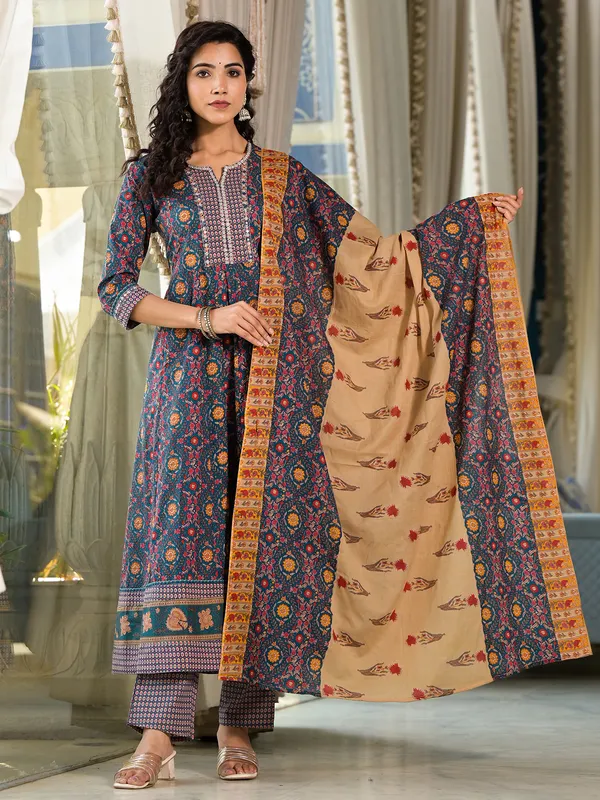 Blue cotton silk kurti set for women