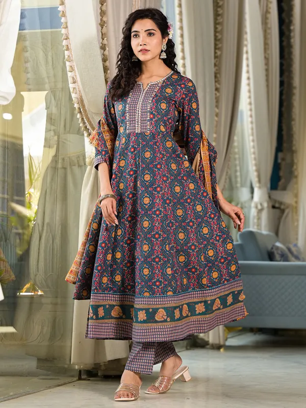 Blue cotton silk kurti set for women