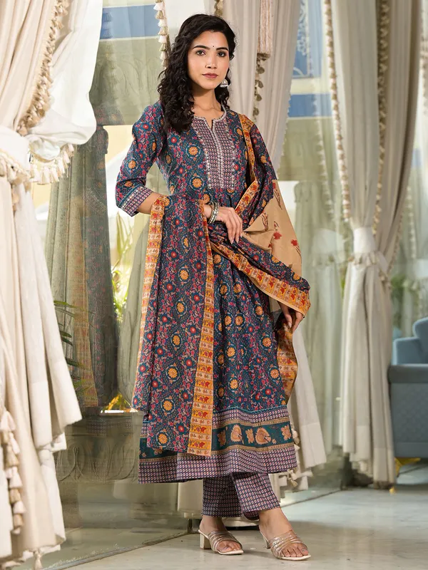 Blue cotton silk kurti set for women