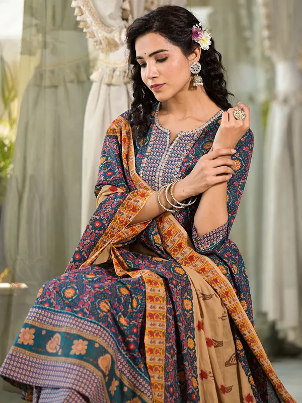 Blue cotton silk kurti set for women
