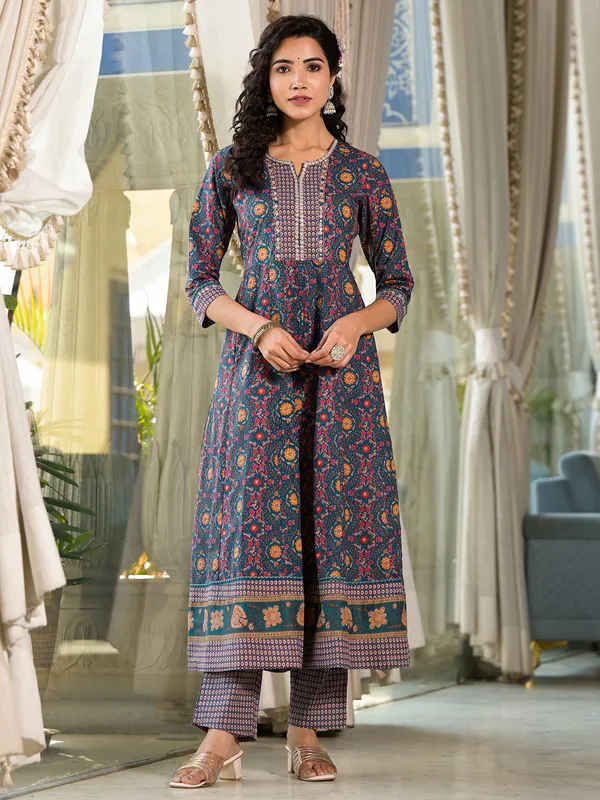 Blue cotton silk kurti set for women