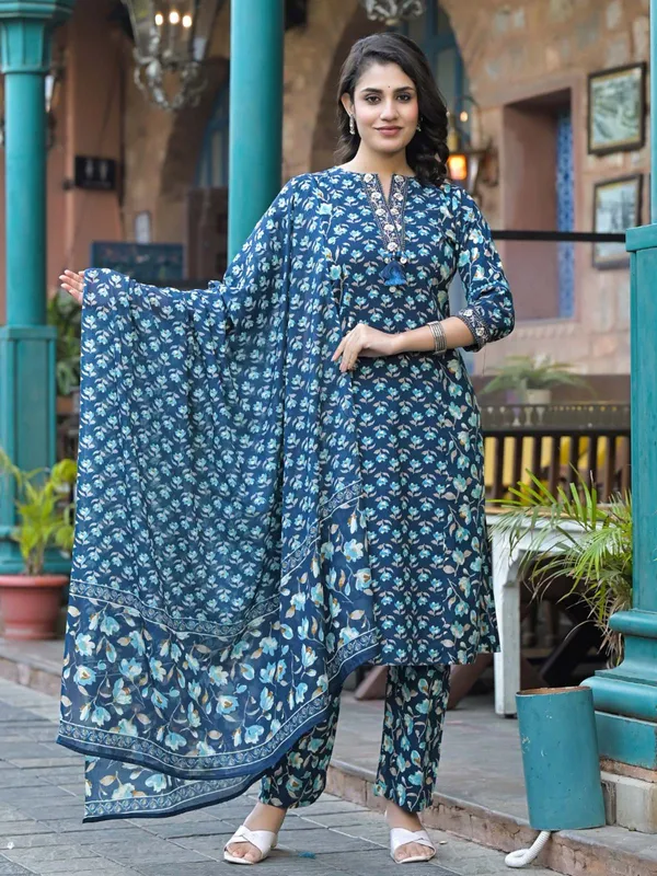 Blue cotton silk kurti set with dupatta