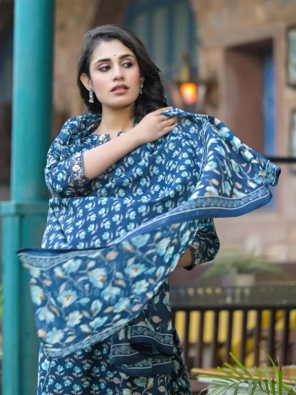 Blue cotton silk kurti set with dupatta