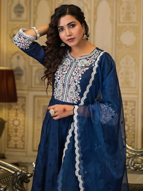 Classy blue cotton silk kurti set for festive
