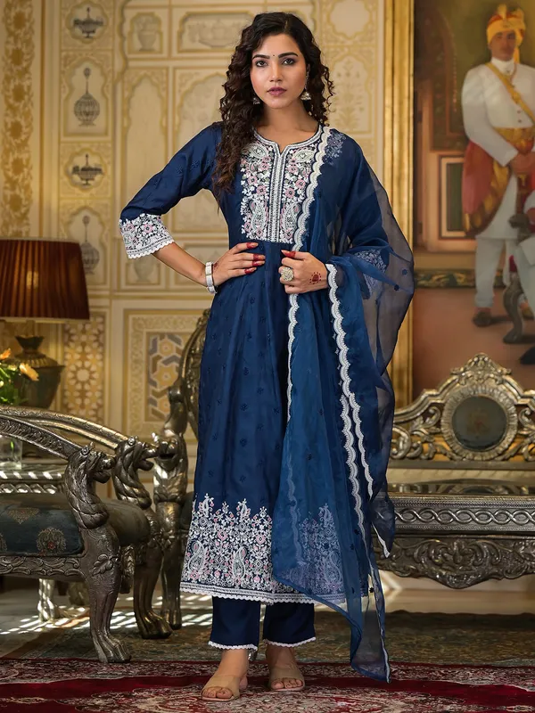 Classy blue cotton silk kurti set for festive