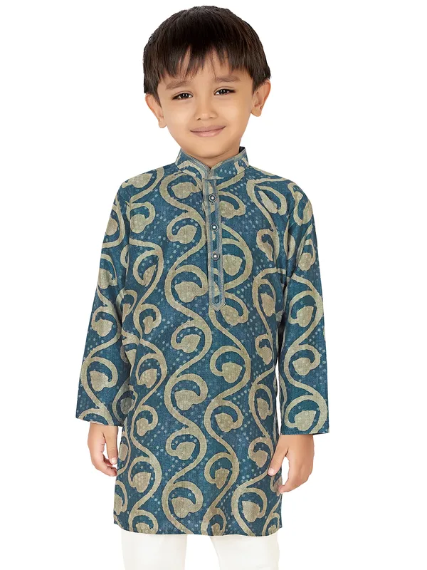 Blue cotton silk printed festive kurta suit