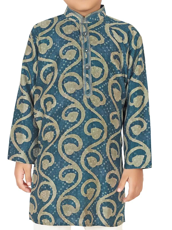 Blue cotton silk printed festive kurta suit