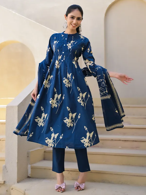 Blue cotton silk printed kurti set for women