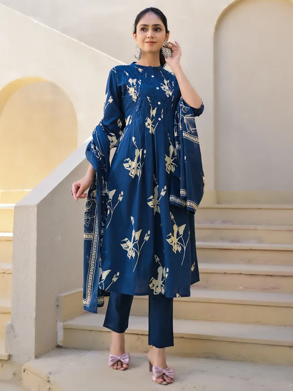 Blue cotton silk printed kurti set for women