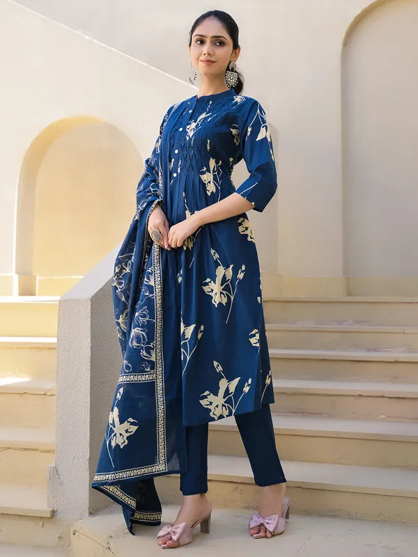 Blue cotton silk printed kurti set for women