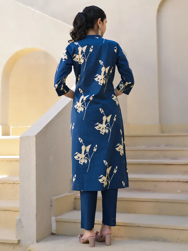 Blue cotton silk printed kurti set for women