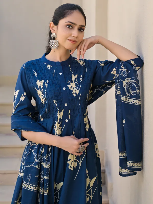 Blue cotton silk printed kurti set for women