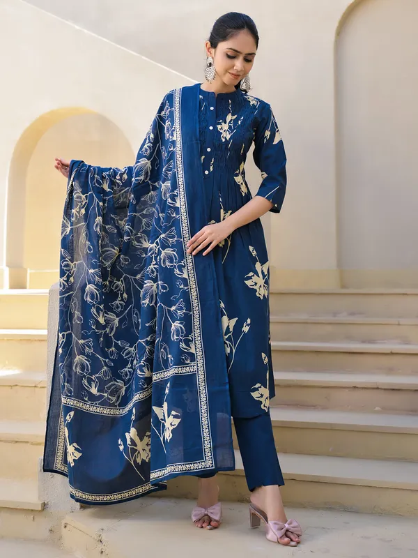 Blue cotton silk printed kurti set for women
