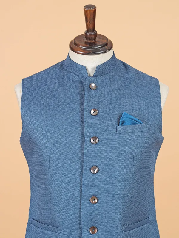 Blue cotton silk simple waistcoat for men