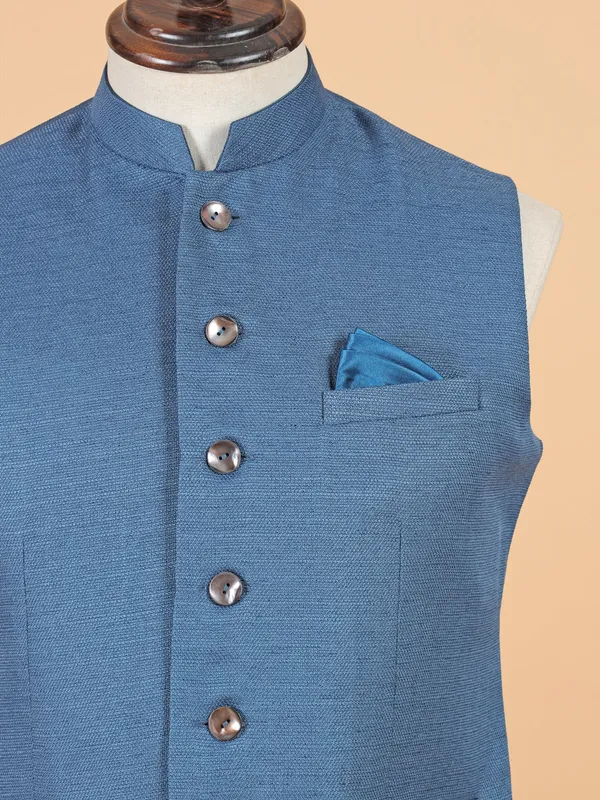 Blue cotton silk simple waistcoat for men