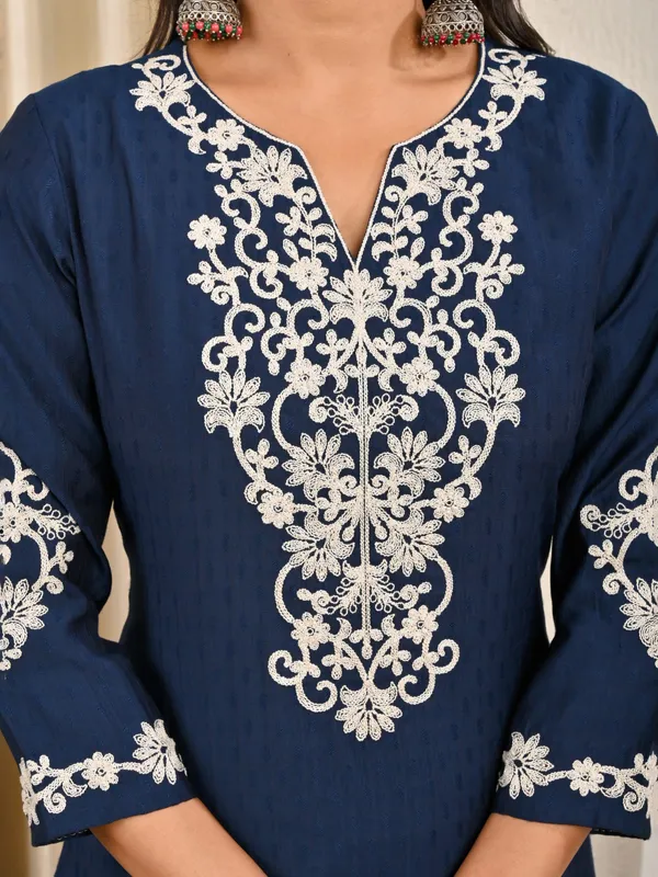 Blue cotton silk thread work sweetheart kurti