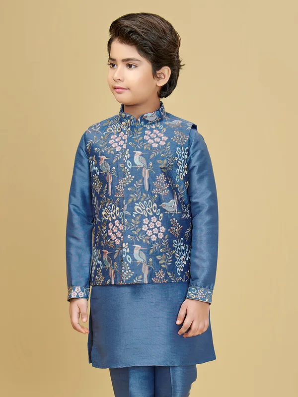 Blue cotton silk waistcoat set for boys for festive celebration
