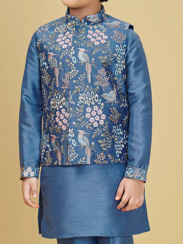 Blue cotton silk waistcoat set for boys for festive celebration