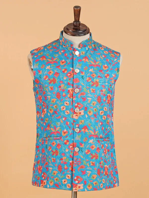 Blue cotton silk waistcot set for men