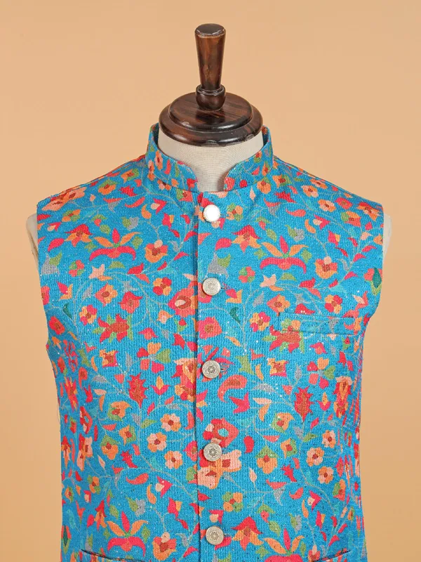 Blue cotton silk waistcot set for men