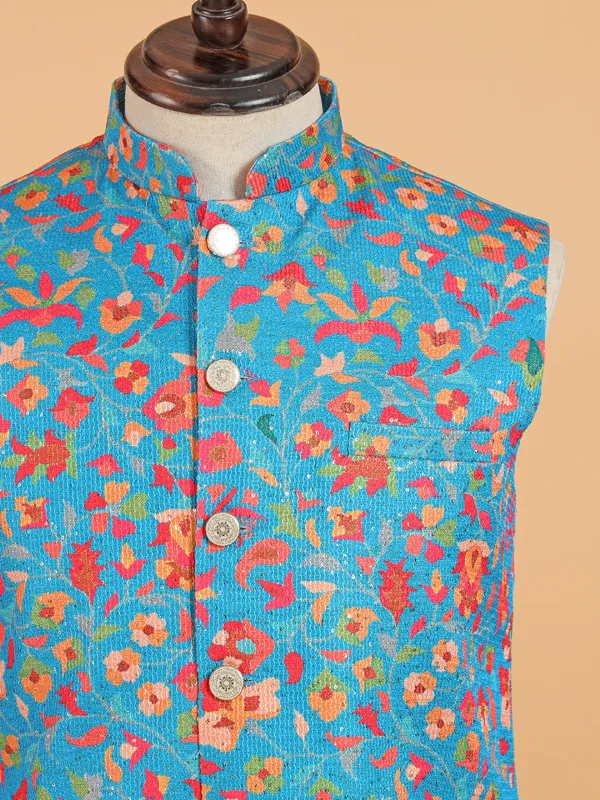 Blue cotton silk waistcot set for men