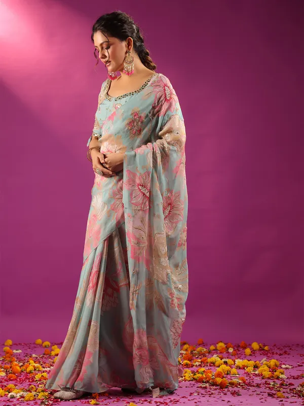 Blue crepe georgette saree with mirror and cutdana