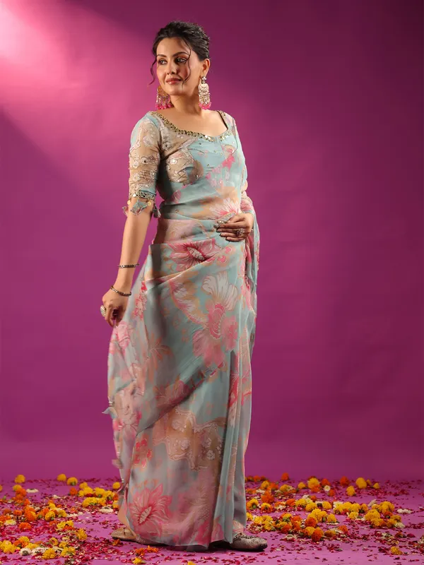 Blue crepe georgette saree with mirror and cutdana