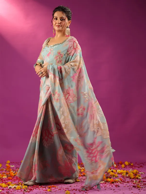 Blue crepe georgette saree with mirror and cutdana