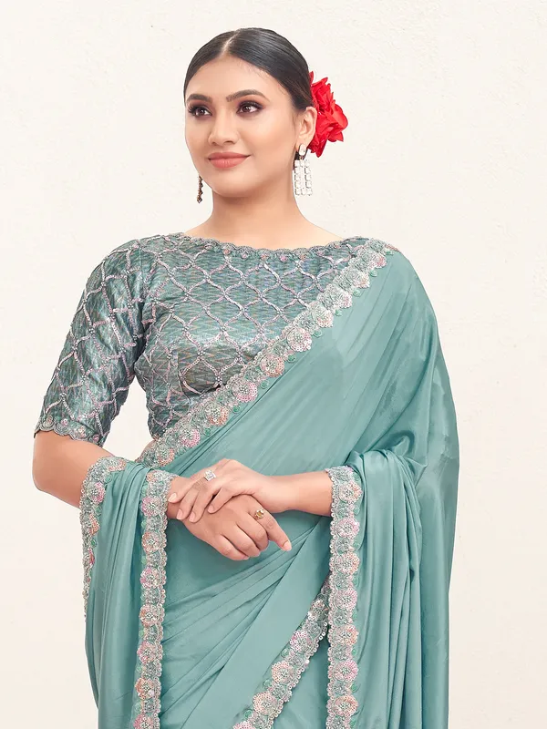Blue crepe saree with stones and resham detailing