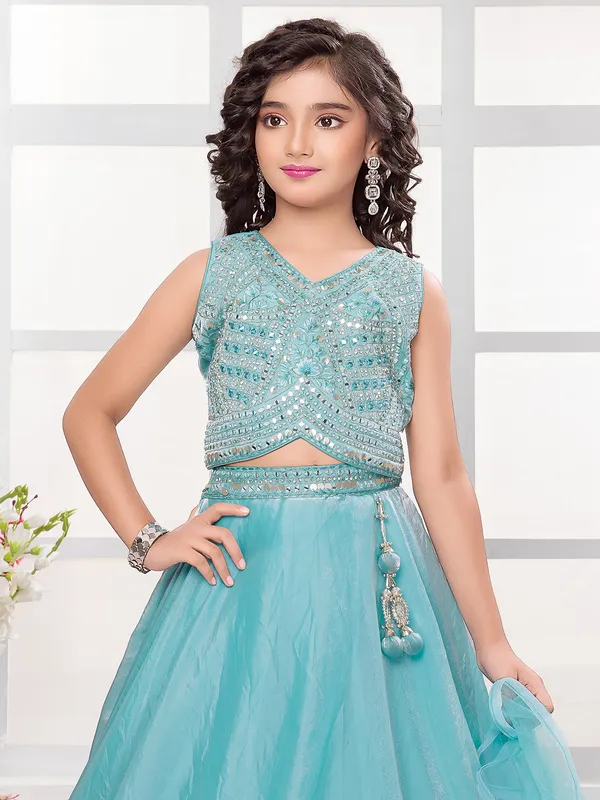 Blue crepe silk girls lehenga choli with embroidery and stones