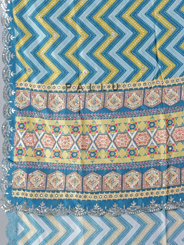 Blue crepe silk printed saree for festive