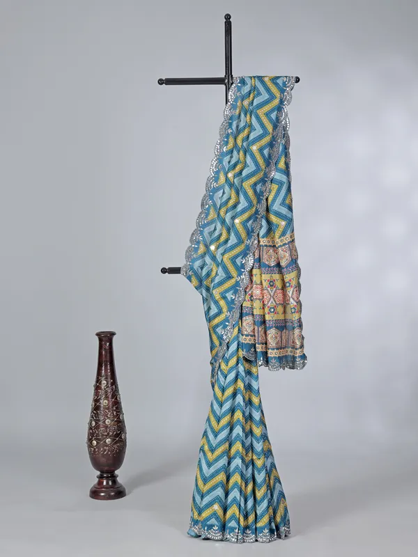 Blue crepe silk printed saree for festive