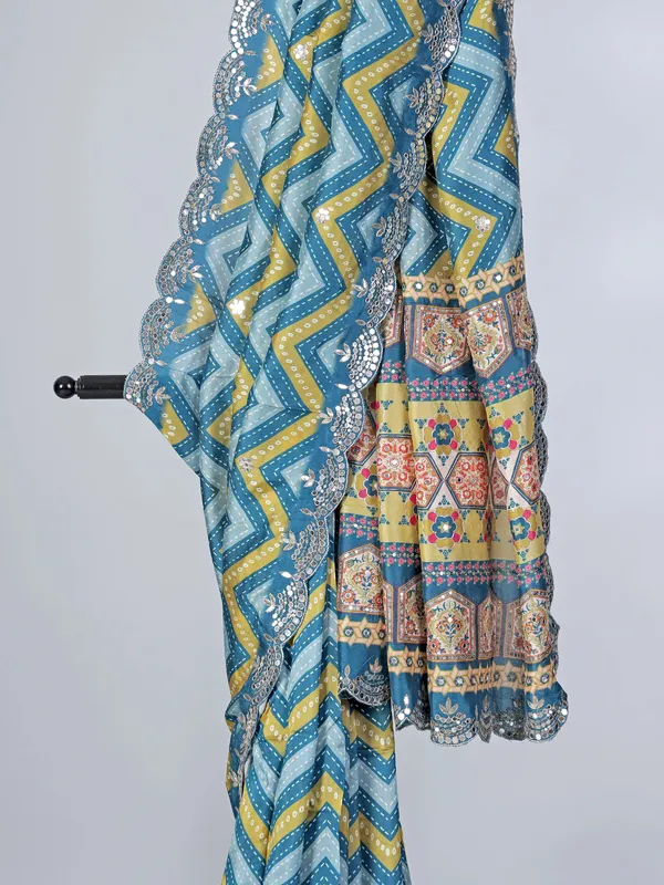 Blue crepe silk printed saree for festive