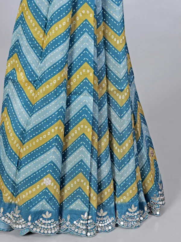 Blue crepe silk printed saree for festive