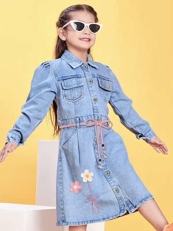 Blue denim frock with thread work