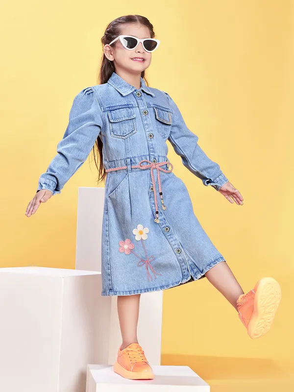 Blue denim frock with thread work