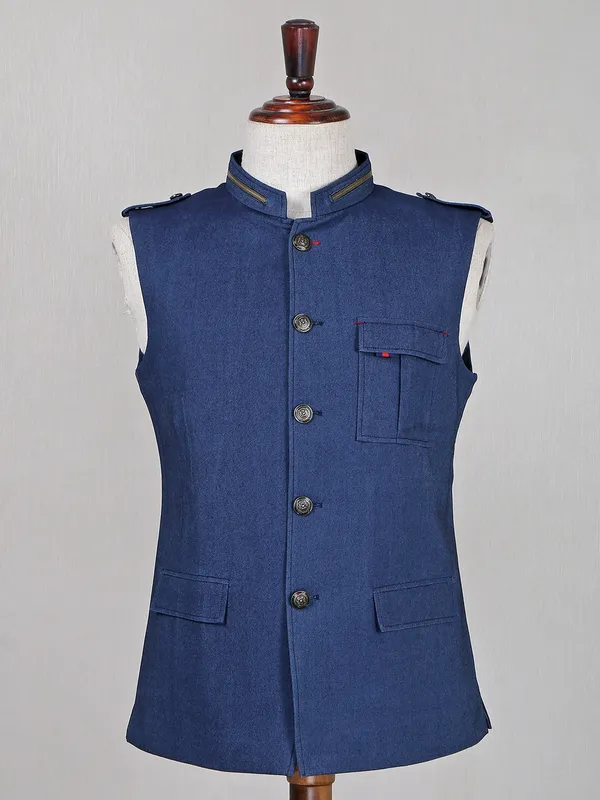 Blue denim solid waistcoat for men
