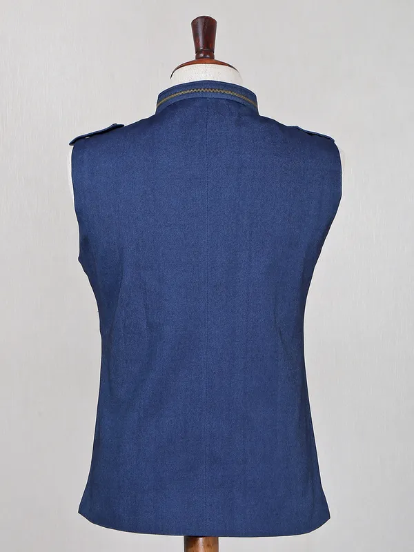 Blue denim solid waistcoat for men